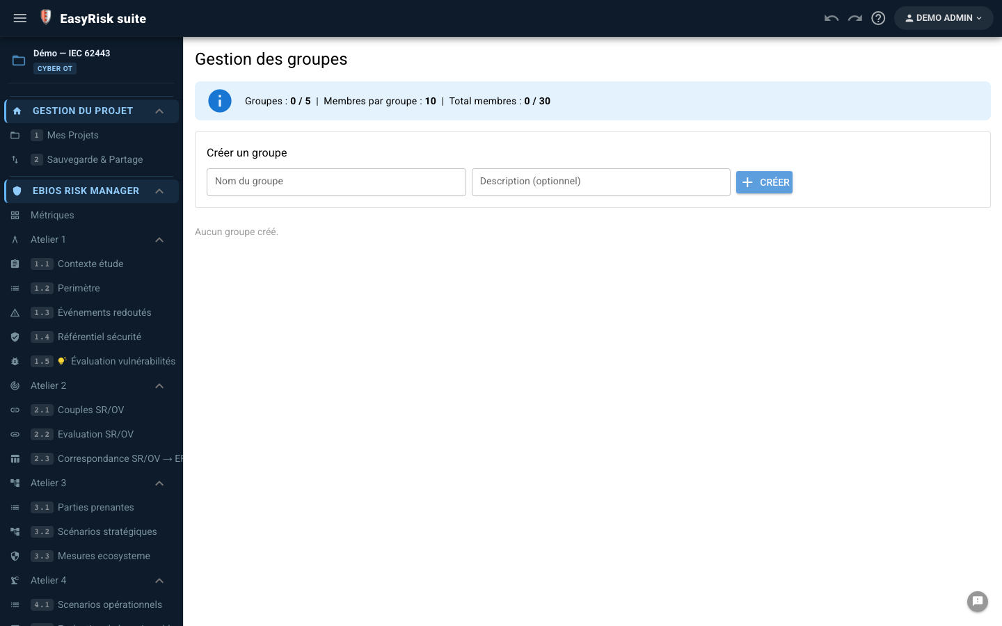 Gestion des groupes — création, invitation membres, quotas, états quiz