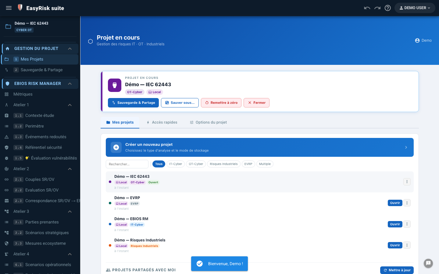 Mes projets — tableau de bord, liste projets, indicateurs sync, accès rapide